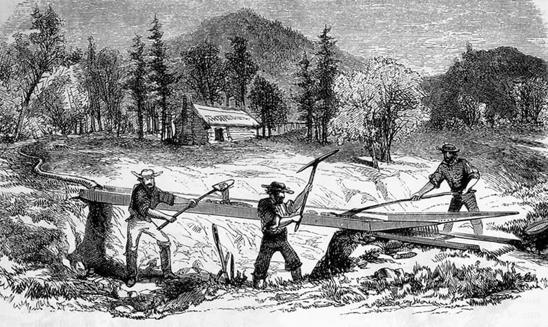 A painting of three men harvesting in a vineyard in black and white