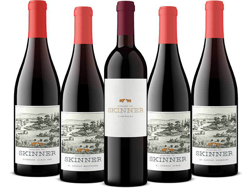 Five bottles of Skinner red wine