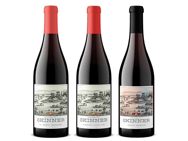 Three bottles of Skinner wine including El Dorado Mourvedre, Eighteen Sixty One and Estate Grenache